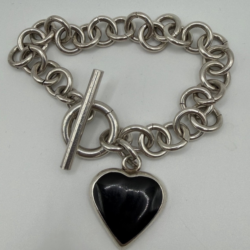 Vintage Mexican Sterling Silver Taxco Onyx Heart Rollo Link Bracelet 7.5'' 38g